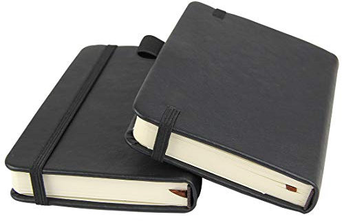 Notizbuch, 8,9 x 14 cm, kleines Hardcover-Tagebuch mit Stifthalter, Innentaschen, 100 g/m² dickes, liniertes Papier, Schwarz, 2 Stück
