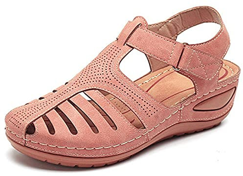 HHZY Sandales Femme Été Confortable Talon Compensées Nu-Pieds Mode Chaussure Orthopédique Bout Fermé Plateforme Cuir PU Grande Taille Chaussures de Plage,Rose,42