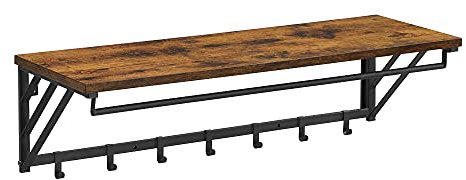 ACAZA Garderobenständer zum Aufhängen mit Regal für Pflanzen, Schlüssel oder Schals, Kleiderhaken mit 7 Haken und Stange für Kleiderbügel, industriell, Braun/Schwarz