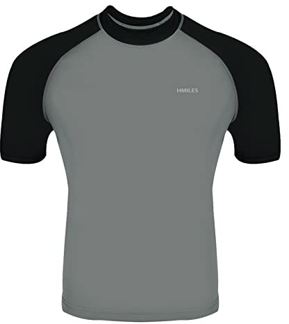 H.MILES Herren Rash Vest Rashguard Kurzarm schwarz Schnorcheln Schwimmen Surfen Tops Tauchen Anzug UV Schutz Beach T-Shirt Shortsleeve, Grey/Black, XL