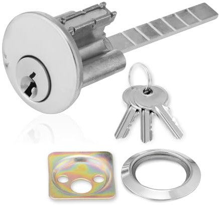 XFORT Polished Chrome Rim Cylinder, Security 5 Pin Rim Cylinder Door Lock Complete with Components of Three Keys, Trim Ring and Shim.