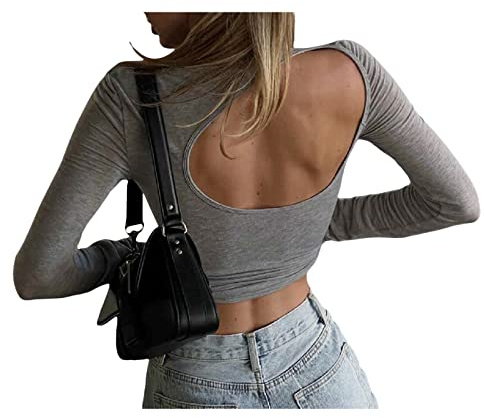HodJIU Women's Sexy Y2K Backless Crop Top Long Sleeve Plain Slim 2000s Streetwear, grey, M
