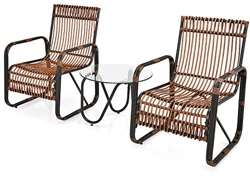 RELAX4LIFE 3PCS Garden Furniture Set, Outdoor Rattan Bistro Conversation Set with Tempered Glass Table, Patio Sectional Table Chairs Set for Garden Yard Poolside