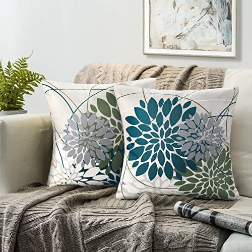 Blau und Grün Kissenbezug 2er Pack Frühling und Sommer Kissenhülle 50 x 50 Kissenbezüge Kissenhüllen Geometrisch Blumen Dekorativ Kissen Bezüge Für Wohnzimmer Schlafzimmer Couch Dekor Drucken