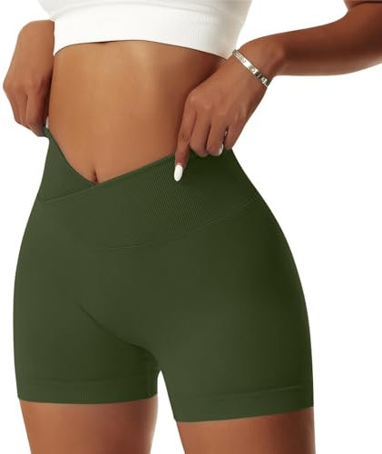 Vertvie Damen Gym Shorts V Cross Stretch Push Up Yoga Shorts Booty Scrunch Fitness Hosen Kurz High Waist Nahtlos Workout Sportshorts Butt Lift Kurze Leggings Sommer (Armeegrün, M)