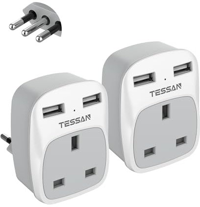 UK to Italy Plug Adapter 2 Pack, TESSAN Grounded Italy Plug Adapter with 2 USB Ports (1 USB C), Italian Travel Adaptor for Chile Ethiopia Libya Syria Tunisia Uruguay (Type L)