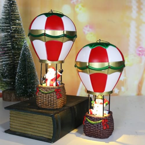 URMAGIC Christmas Hot Air Balloon Ornaments - 2 Pcs 17 cm Santa/Snowman Riding Figurines With LED Lights - Lighted Tree Ornament, Decoration, Resin Statues