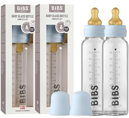 BIBS Baby Glass Bottle. Lot de 2. Anti-colique. Embout rond en latex de caoutchouc naturel. Favorise l’allaitement naturel, Complete Set - 225 ml (Pack of 2), Baby Blue