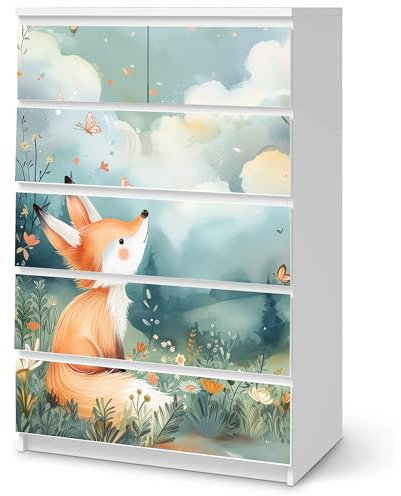 Sunnywall® Möbelfolie passend für IKEA Malm Kommode Schrankfolie Aufkleber mit Fuchs auf Wiese Motiv | blasenfrei verkleben | Kinderzimmer 6er 80 cm