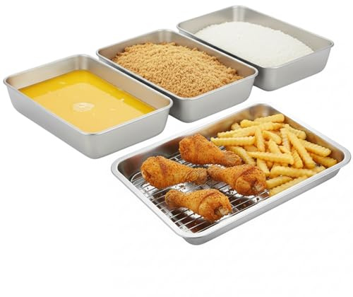 GOVNPJ Set of 3 Breading Pans, Chicken Cutlet Dredging Trays with Stainless Steel Oil Filter Tray Breading Trays for Cooking, Food Prep for Preparing Bread-Crumb Dishes, Panko, Schnitzel