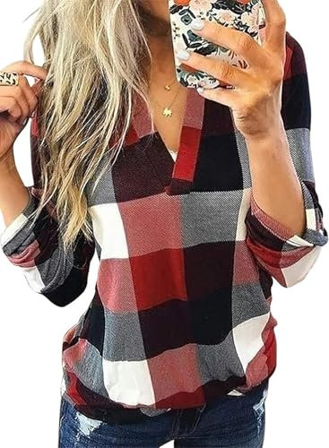 Cuptacc Tops für Damen Lange Ärmel Tunika Basic Mode Clothes Button Cute Plaid Fall Outfit Rot 2XL 50-52