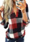 Cuptacc Tops für Damen Lange Ärmel Tunika Basic Mode Clothes Button Cute Plaid Fall Outfit Rot 2XL 50-52