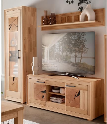 Lomadox Wohnmöbel Set Wohnwand Kernbuche massiv geölt montiert 3-teilig Modern, Vitrine, Wandboard, Lowboard