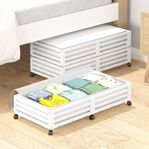 WISUCART Bambus-Unterbett-Aufbewahrungsbehälter, Unterbett-Organizer mit Rollen mit großem Fassungsvermögen, Staubbeutel, stabiles Holz, Roll-Unterbett-Schuh-Organizer, 2 Packungen (Weiß, 2 Packungen