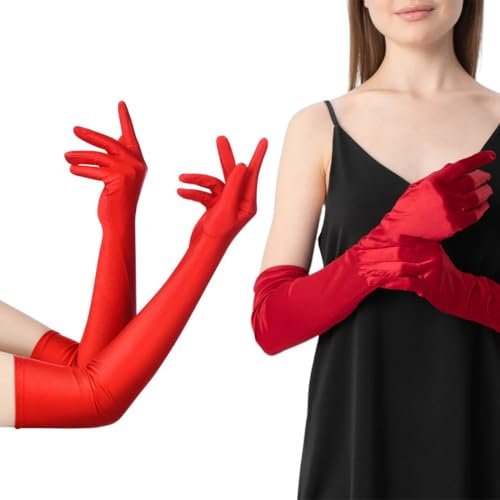 WUSJCOF 1 Paar Lange Handschuhe Damen, Elastische Lange Abendhandschuhe, 1920er Karneval Kostüm für Halloween Karneval Fasching Festival Party (Rot)