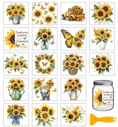 GLOBLELAND 18 Sheets Sunflower Wreath Rub on Transfer 3.9x3.6inch Colorful Bouquet Vase Home Decals Flowers Plants Cup Transfer Decals for Furniture Vase Glass Art Crafts Decorations