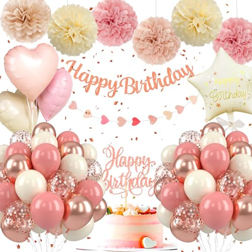 UDRKFOPK Geburtstagsdeko Frau Jugendliche Rosa Beige Gold Luftballons Geburtstag, Konfetti Ballons Geburtstag Pompons Party Deko Rosa Beige für Geburtstagsdeko Frauen