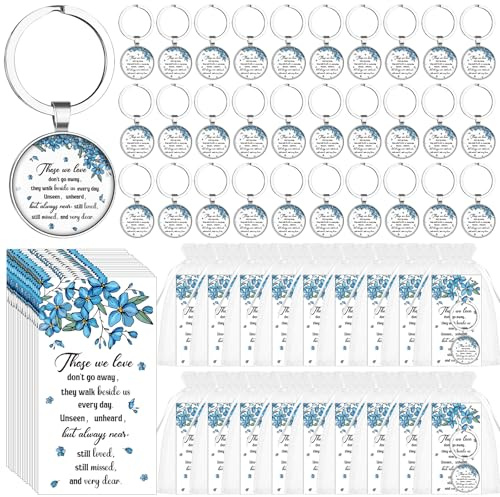 CNSJ Forget Me Not Memorial Keychain Funeral Favors with Flower Key Ring Bulk Remembrance Cards Organza Bags for Loss of Loved One Memorial Service Guests Keepsakes