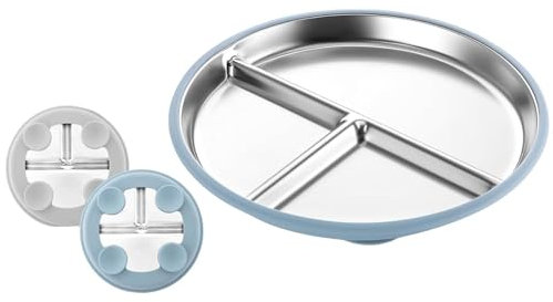 Jortmrd 2 Stück Edelstahl Baby Teller mit Saugnapf, 9 kinderteller mit Unterteilung, Edelstahlteller Baby Nicht Rutschig, Abnehmbare Silikonhülle, Babygeschirr, Nicht Unzerbrechlich(Grau+Blau)