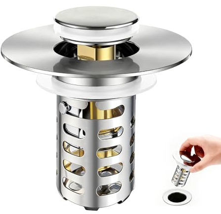 HUAERSICO Universal Waschbeckenstöpsel Pop Up Edelstahl Abflusssieb | Abflussstopfen mit Sieb für Waschbecken (28,5 mm bis 55 mm), Messing Kern, Hält Haare Zurück, Anti-Verstopfung