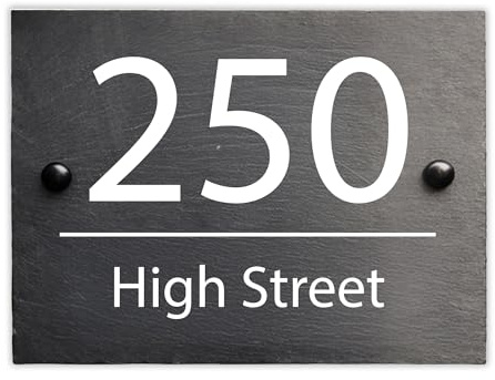Personalised slate house number plaque - Custom door number sign (20x15cm - Landscape, Modern Font)