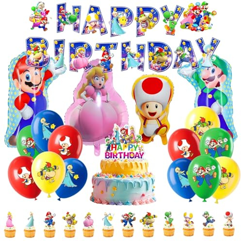 42Pcs Luftballons Geburtstag Party Set, Ballons Geburtstagsdeko,Happy Birthday Tortendeko Cake Topper Set, Anime Party Zubehör, Folienballons Birthday Decorations
