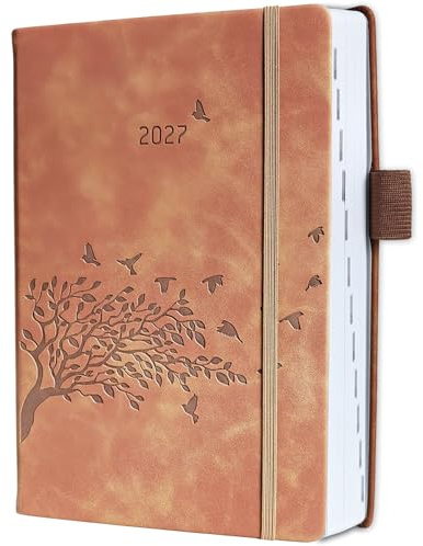 Buchkalender 2027 A5 1 Tag pro Seite, Kalender 2027 Tagesplaner mit Tabs, Notiz- & Kontakt, Einstecktasche, Stifthalter, PU Hardcover, Terminkalender Kalenderbuch für Büro, Schule Beruf, Jan-Dez 2027