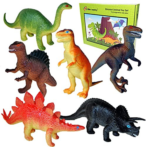 Lello & Monkey Dinosaur toys set of 6 plastic dinosaurs - Large 7 inch dinosaur figures labelled with names and gift boxed - age 3