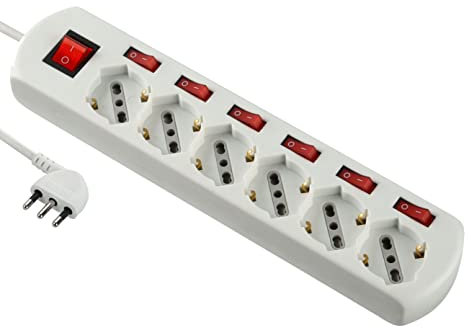 Electraline 62059 Multipresa 6 Posti Polivalenti Generale, 6 Interruttori Indipendenti, 6 Prese Universali, Bianco