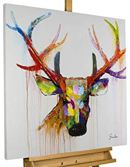 KunstLoft Leinwandbild | 100% HANDGEMALT | 80x80cm | Gemälde 'Zum bunten Hirschen' | Hirsch | Bunt | Wandbild Wohnzimmer