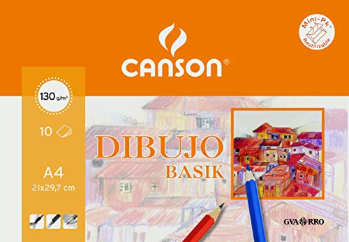 Canson Dibujo Basik, Papel de dibujo blanco, Grano fino, 130gsm, Minipack, A4-21x29,7cm, Blanco natural, 10 Hojas