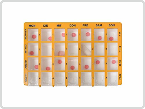 Sani-Alt Pillendose Tablettenbox Arzneikassette 7-Tage, Gelb - Pillenbox mit 28 Fächern