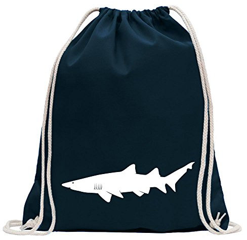 Kiwistar - Turnbeutel - dunkelblau - Hai Raubfisch Profil - Fun Rucksack Sport Beutel Gymsack Baumwolle mit Ziehgurt