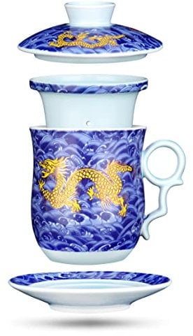 YURROAD Tea Cup with Infuser Lid and Saucer Sets - Jingdezhen Ceramics Mug Chinese Porcelain Teacup Loose Leaf Tea Brewing System for Home Office Personal Portable Mug TC400 - Blue, 13.5oz / 400ml