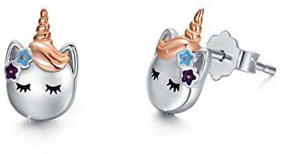 Einhorn Ohrringe Mädchen Kinder 925 Sterling Silber Tiere Ohrstecker Süß Blume Hypoallergener Einhorn Schmuck Kindertag Geschenke für Kinder Tochter Frauen Weihnachts Geschenk