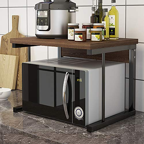 QIHANG-UK 2-Tier Microwave Oven Shelf Stand, Standing Baker's Rack, Over Microwave Shelf Unit, Kitchen Countertop Organizer, Kitchen Storage Shelf with Wood Top Metal Frame (Dark Oak)
