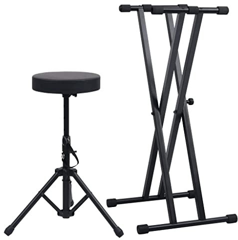 vidaXL Doppelstrebiger Keyboardständer Hocker Set Keyboardstativ E-Piano Klavierständer Keyboard Ständer Stativ Rundhocker Schwarz