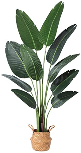 Ferrgoal - Pianta artificiale uccello del paradiso, 1,6 m, palma tropicale finta con 10 foglie e vaso nero in vimini intrecciato, cestino per la pancia, per casa, interni ed esterni, ufficio, verde,