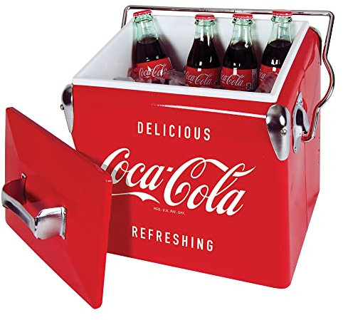Coca Cola Cool Box 13L Leak-Proof Air Tight Drybox 18 Can Capacity Mini Ice Boxes Portable Cooler for Food Drinks with Bootle Opener Retro Ice Bucket Ideal for Camping Hiking Fishing Picnic Red