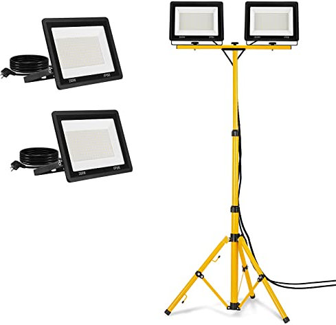 AufuN LED Baustrahler 2x 200W mit Stativ Doppel Strahler Kaltweiß LED Fluter Floodlight inkl. 3M Kabel, Arbeitsleuchte Arbeitsscheinwerfer Wasserdicht IP66 für Garage, Garten, Baustelle