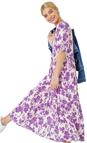 Roman Originals Floral Tiered Midi Smock Dress for Women UK - Ladies Everyday Holiday Spring Summer V Neckline Comfy Soft Evening Vacation Work Party - Lavender - Size 8