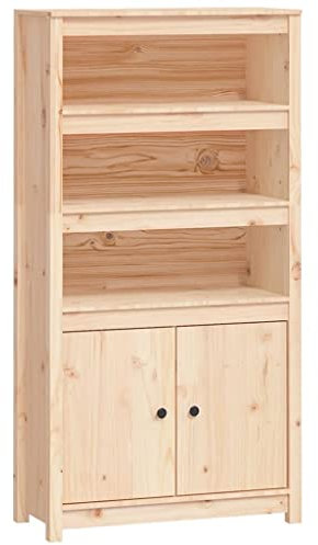 Highboard mit 3 offene Fächer & 2 Türen, Sideboard Hochschrank Küchenschrank Bücherschrank Bücherregal Schrank für Wohnzimmer Küche Esszimmer, 80x35x154 cm Massivholz Kiefer