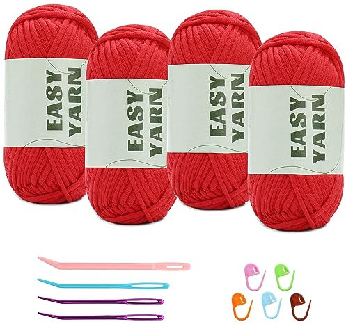 4 X 50g Easy Yarn Häkelgarn Baumwolle Wolle zum Häkeln Dickes Garn Chenille Wolle zum Häkeln gut Sichtbare Maschen, Dicke Wolle zum Häkeln Dickes Baumwoll-Nylon-Rotes mit Häkelzubehör
