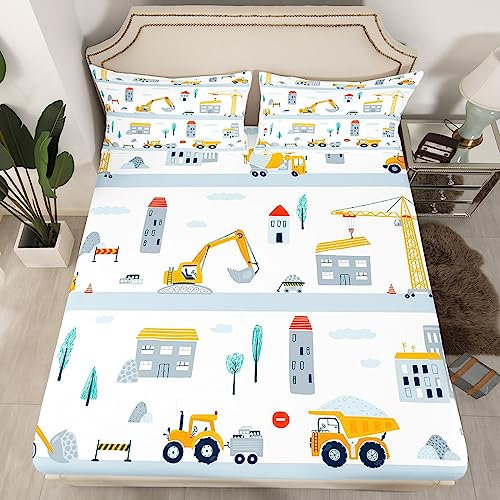 Bonito juego de ropa de cama de excavadora para niños, niñas, adolescentes, tractor, sábana bajera ajustable, cubierta de cama de camión, decoración de habitación, juego de cama ligero (sin sábana