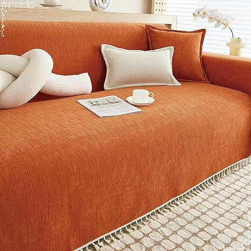 Mesnt Sofabezug 2 Sitzer, Chenille Waschbar Sofa Protection Cover Schonbezug Couch Raute, geometrisch, strukturiert, einfarbig, mit Quasten Orange, 180x260CM