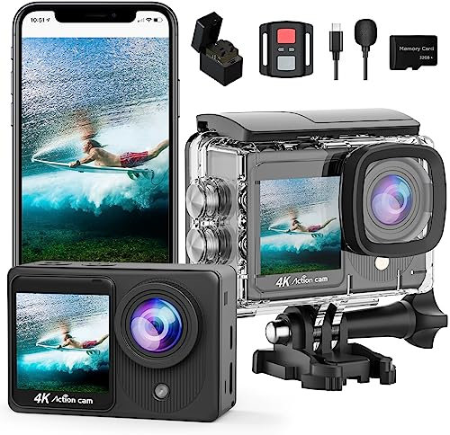 Yolansin 4K30fps Sportkamera mit Doppelbildschirm mit 32 GB SD-Karte, Voraufnahme 20 MP Touchscreen, Camcorder EIS, wasserdichte Action-Kamera, WLAN-Kamera mit 2 Batterien, Fernbedienung