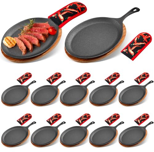 Lallisa 12 Sets Cast Iron Fajita Plate Set Fajita Plate Sizzler Pan with Wooden Tray Anti Scald Protection Hot Mitt Cast Iron Skillet Set for Home Barbeque Kitchen Party Restaurant Catering Service
