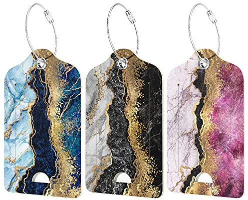Hnogri Lot de 3 étiquettes de bagage en cuir synthétique valise, voyage, croisière, rabat de confidentialité, étiquette nom et nœud en métal femmes, hommes, bagages, sac à main, école, Marbre fluide
