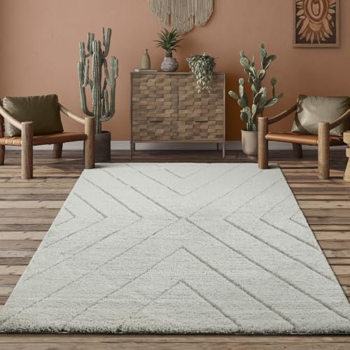 the carpet Bahar Shaggy eleganter Designer Teppich Wohnzimmer, weicher & pflegeleichter Hochflor Wohnzimmerteppich in Creme-Raute 120 x 170 cm