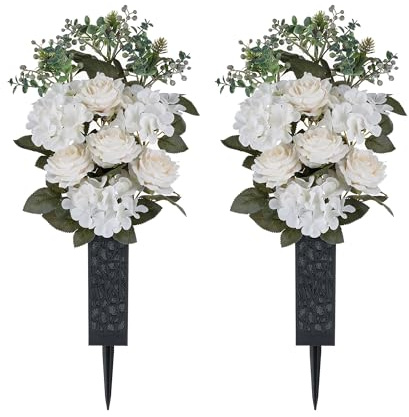 Memobloom Cemetery Flowers for Grave Decorations: 2 Pcs White Artificial Rose Hydrangea Memorial Day Flower Arrangements Silk Funeral Floral Bouquet with Vase for Outdoors Gravessite Decor